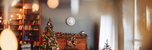 General View of Interior with Christmas Interior Through Frame. bokeh. Photo Studio with Red Christmas Interior.